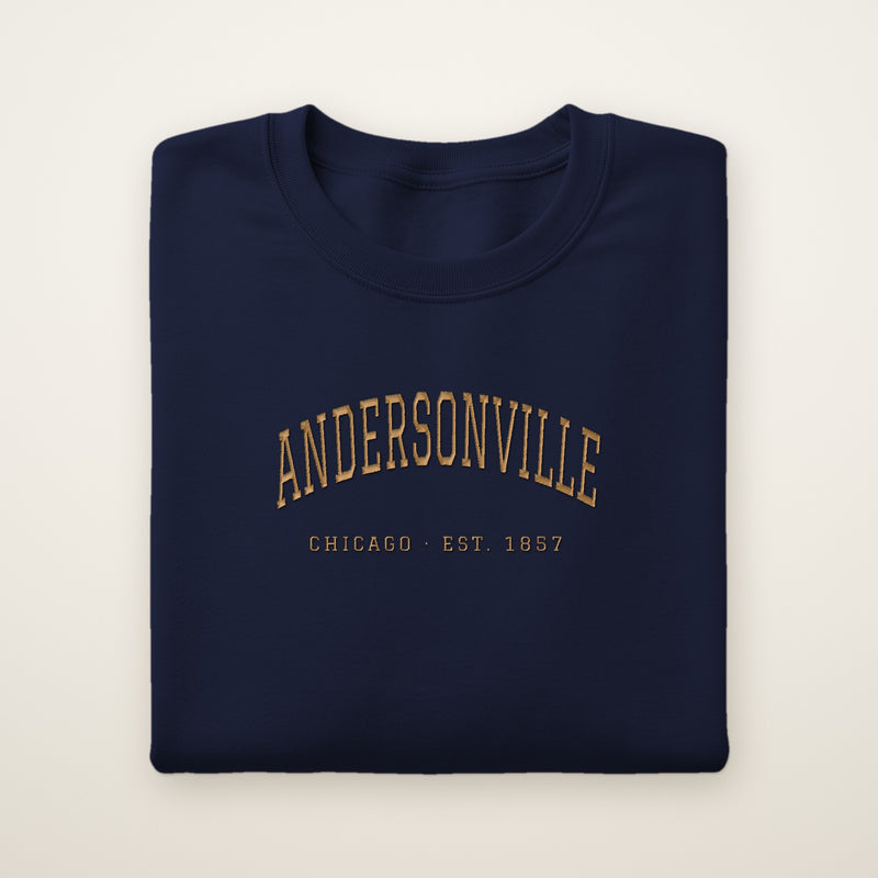 Andersonville Chicago embroidered crewneck sweatshirt, Navy, gold embroidery