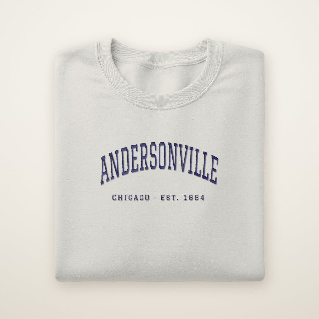 Andersonville Chicago embroidered crewneck sweatshirt, Ash, navy embroidery