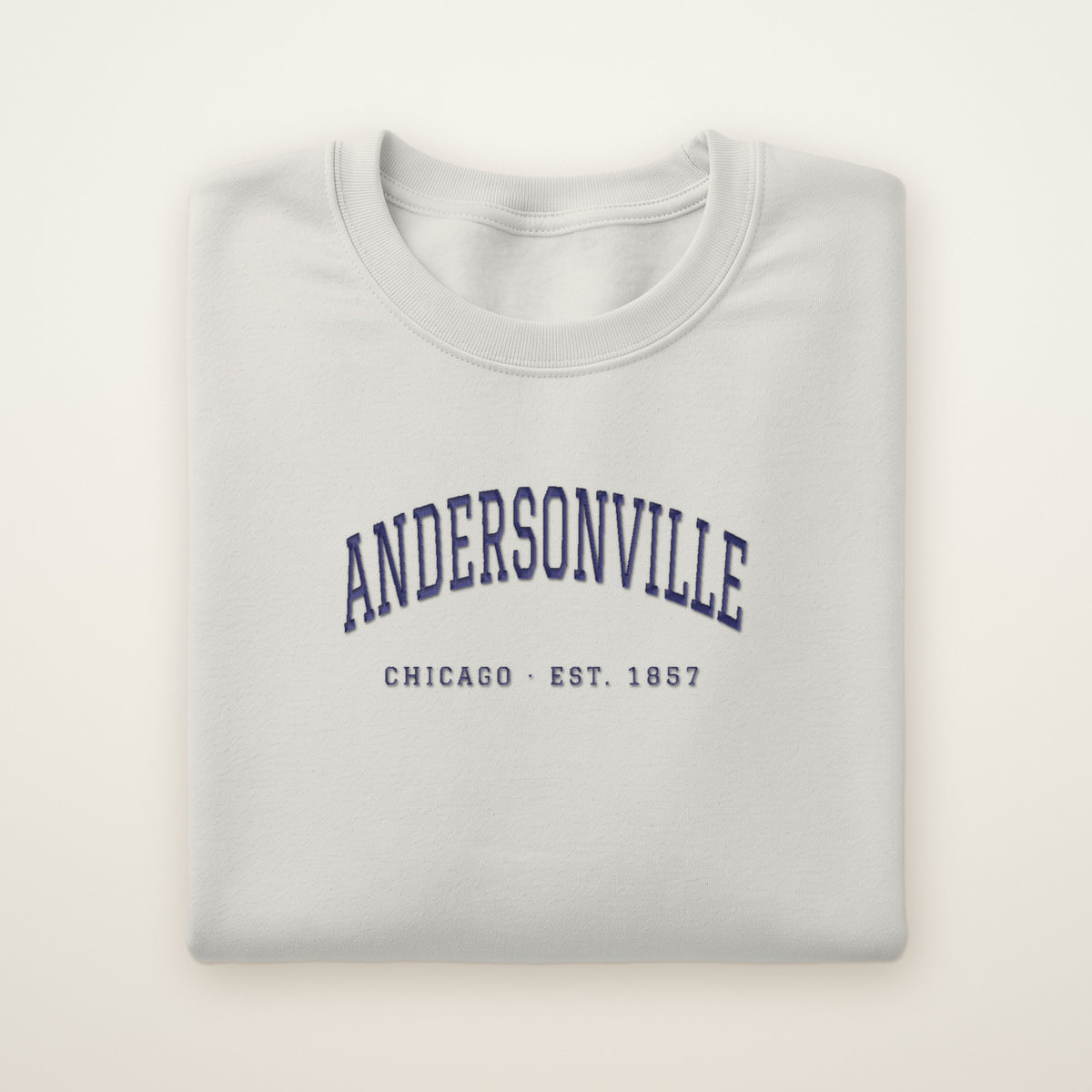 Andersonville Chicago embroidered crewneck sweatshirt, Ash, navy embroidery