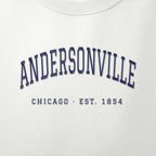 Close-up of navy satin-stitch Andersonville embroidery