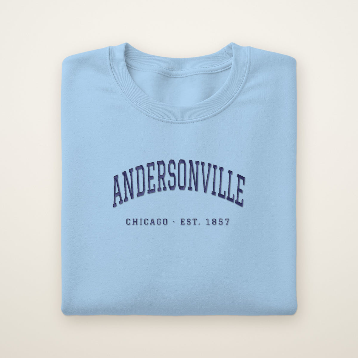 Andersonville Chicago embroidered crewneck sweatshirt, Light Blue, navy embroidery