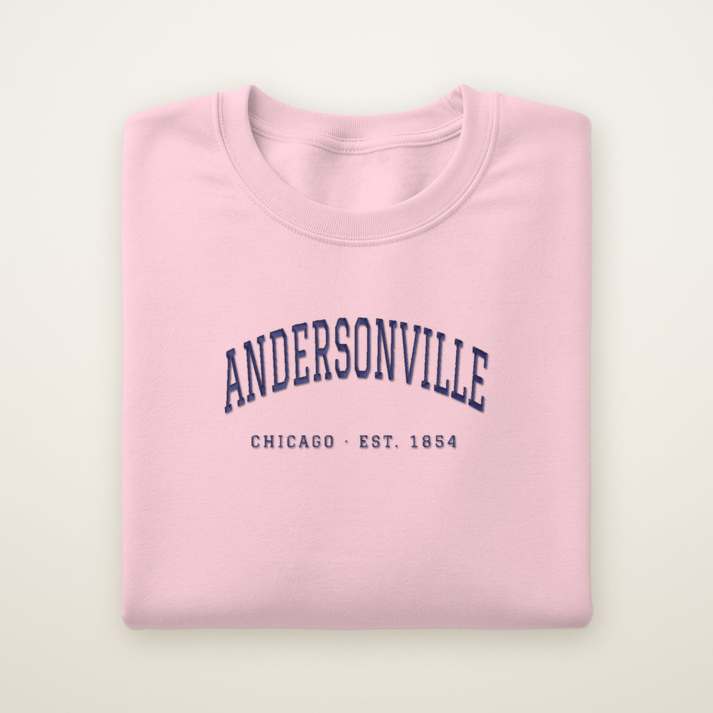 Andersonville Chicago embroidered crewneck sweatshirt, Light Pink, navy embroidery