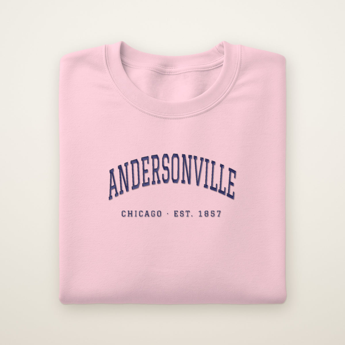 Andersonville Chicago embroidered crewneck sweatshirt, Light Pink, navy embroidery