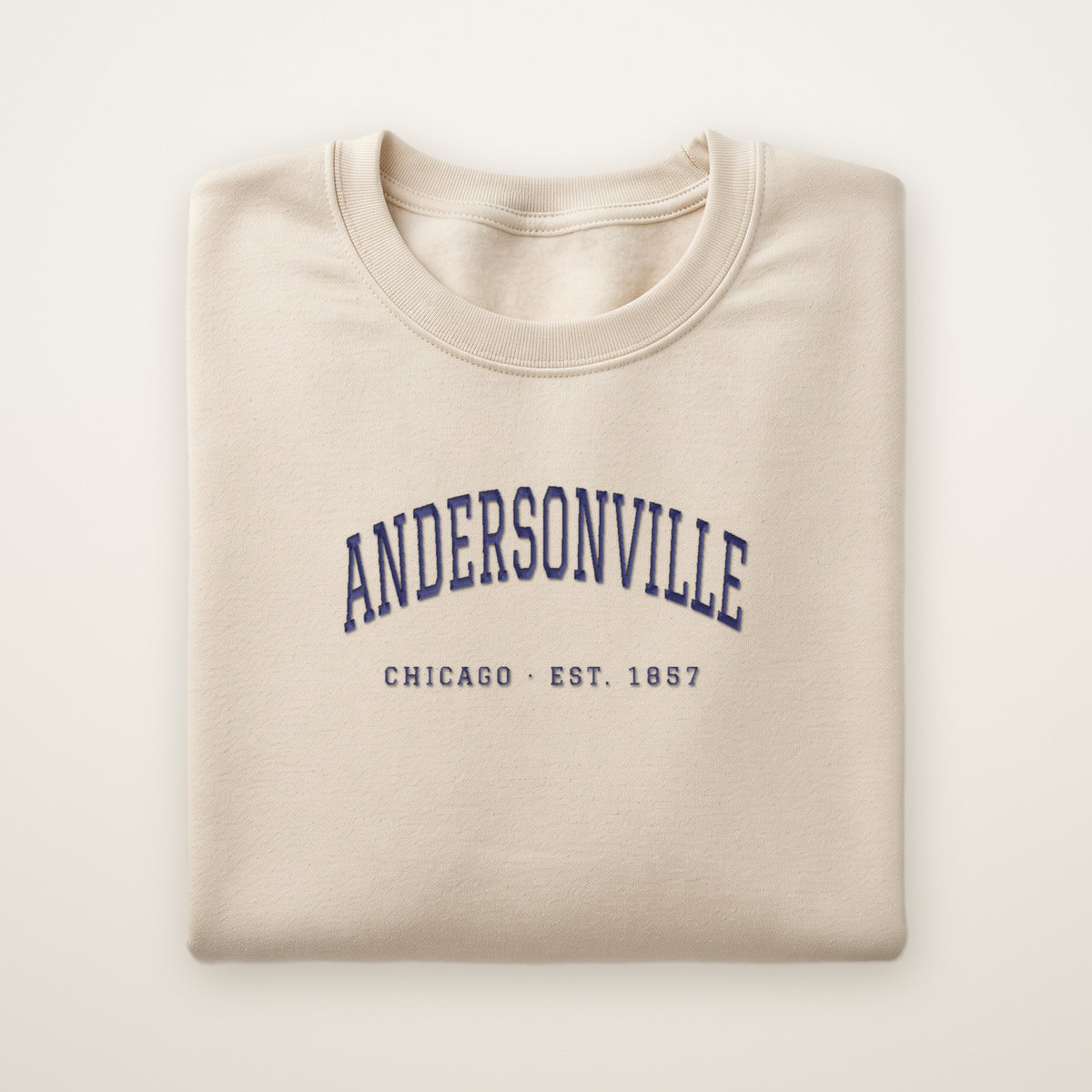 Andersonville Chicago embroidered crewneck sweatshirt, Sand, navy embroidery