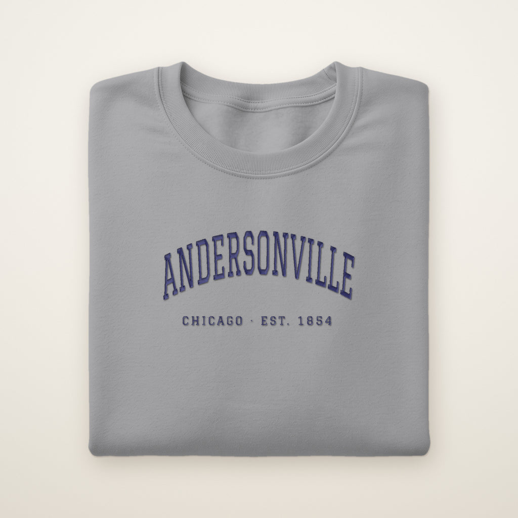 Andersonville Chicago embroidered crewneck sweatshirt, Sport Grey, navy embroidery