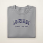 Andersonville Chicago embroidered crewneck sweatshirt, Sport Grey, navy embroidery