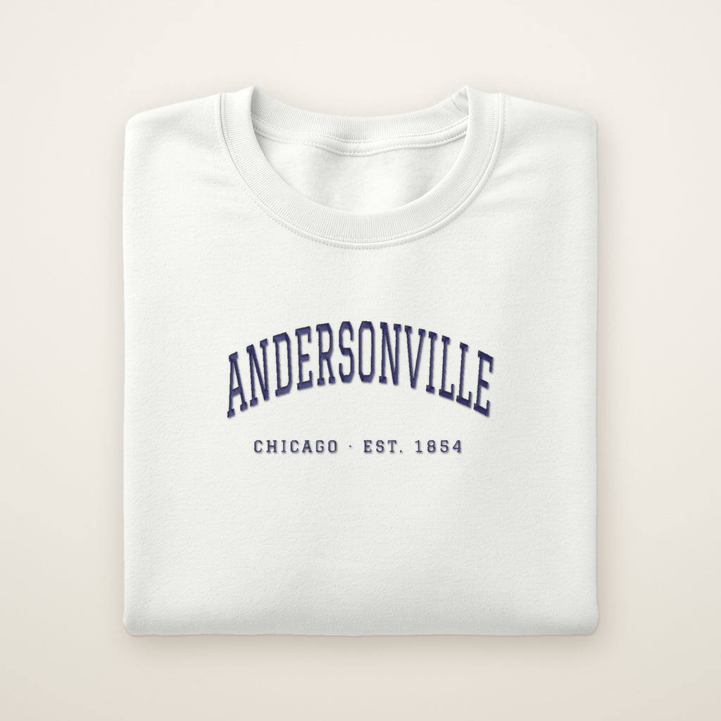 Andersonville Chicago embroidered crewneck sweatshirt, White, navy embroidery