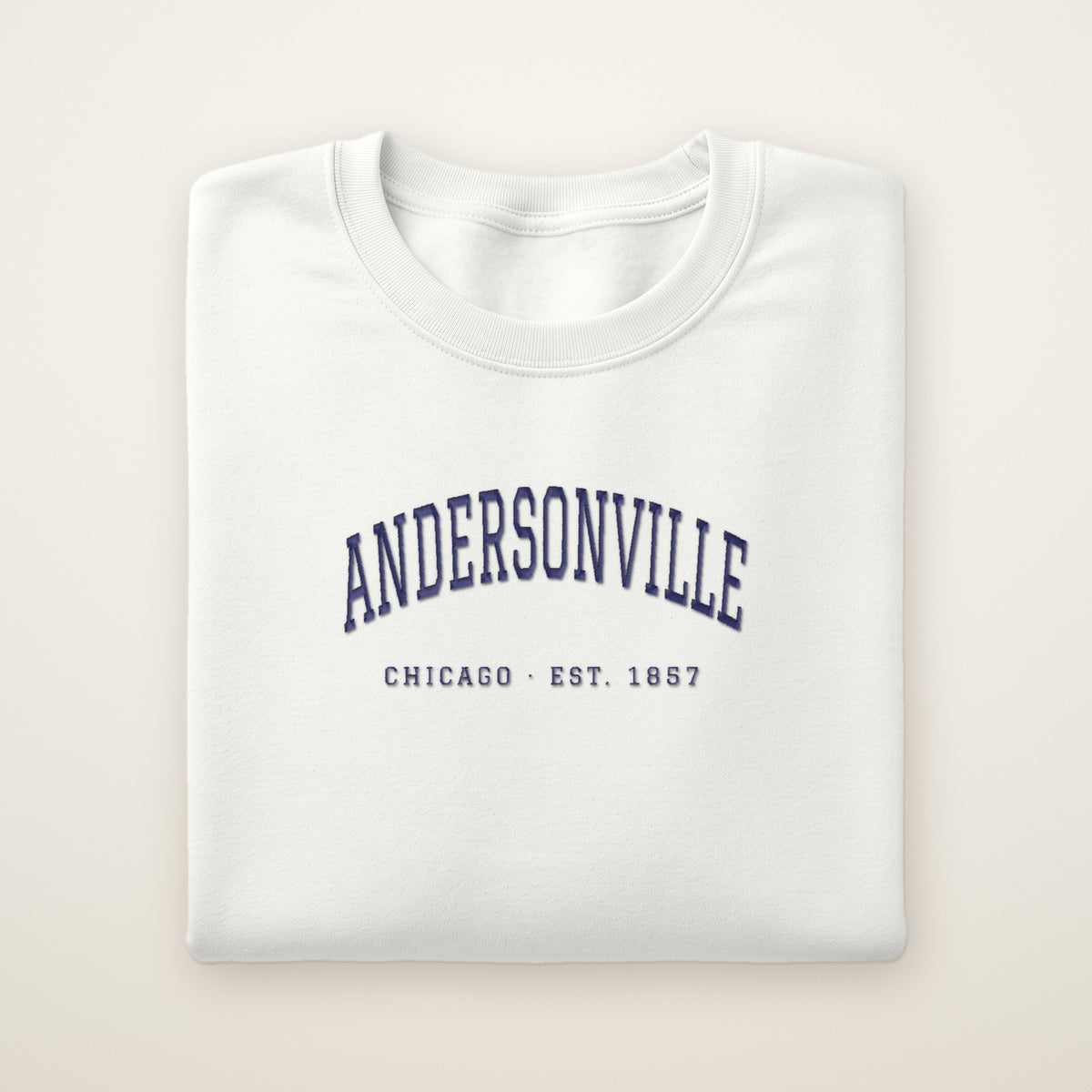 Andersonville Chicago embroidered crewneck sweatshirt, White, navy embroidery