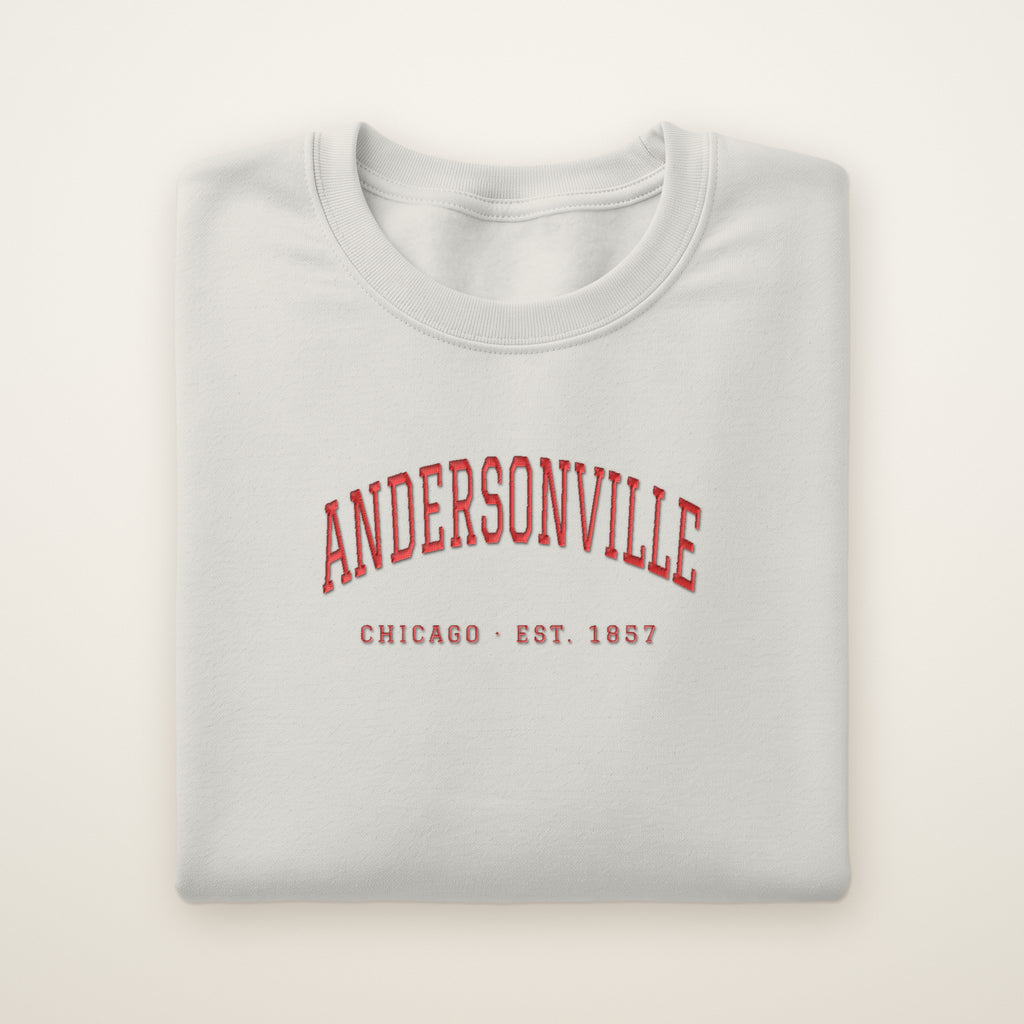 Andersonville Chicago embroidered crewneck sweatshirt, Ash, red embroidery