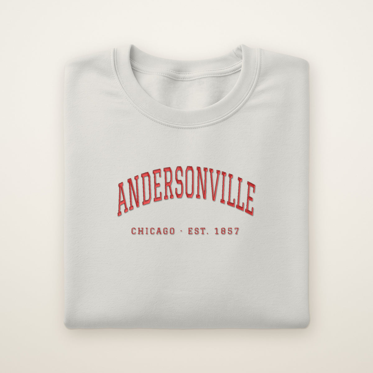 Andersonville Chicago embroidered crewneck sweatshirt, Ash, red embroidery