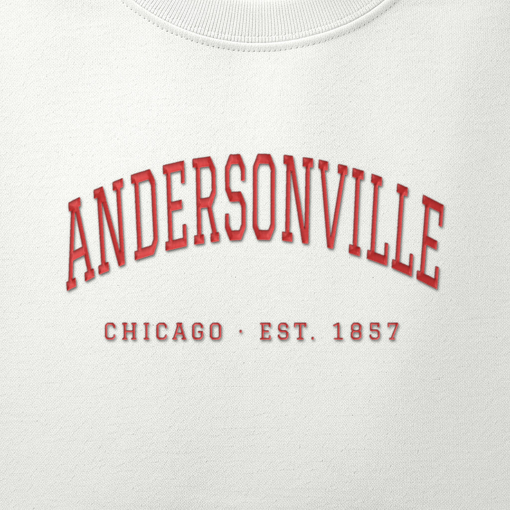 Close-up of red satin-stitch Andersonville embroidery