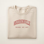 Andersonville Chicago embroidered crewneck sweatshirt, Sand, red embroidery