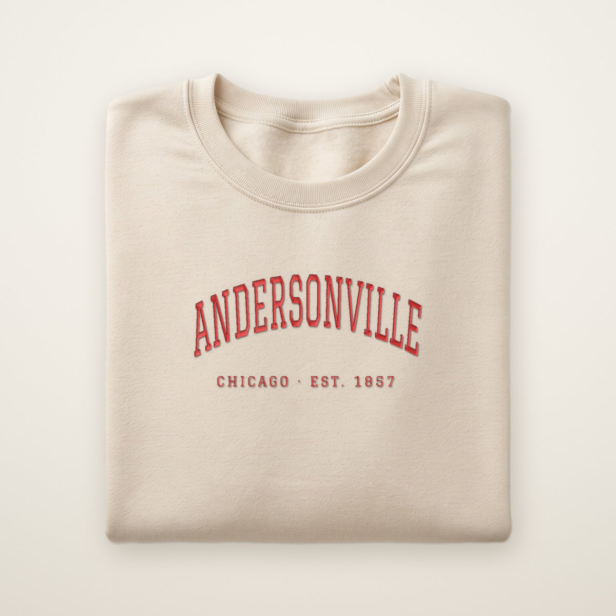 Andersonville Chicago embroidered crewneck sweatshirt, Sand, red embroidery
