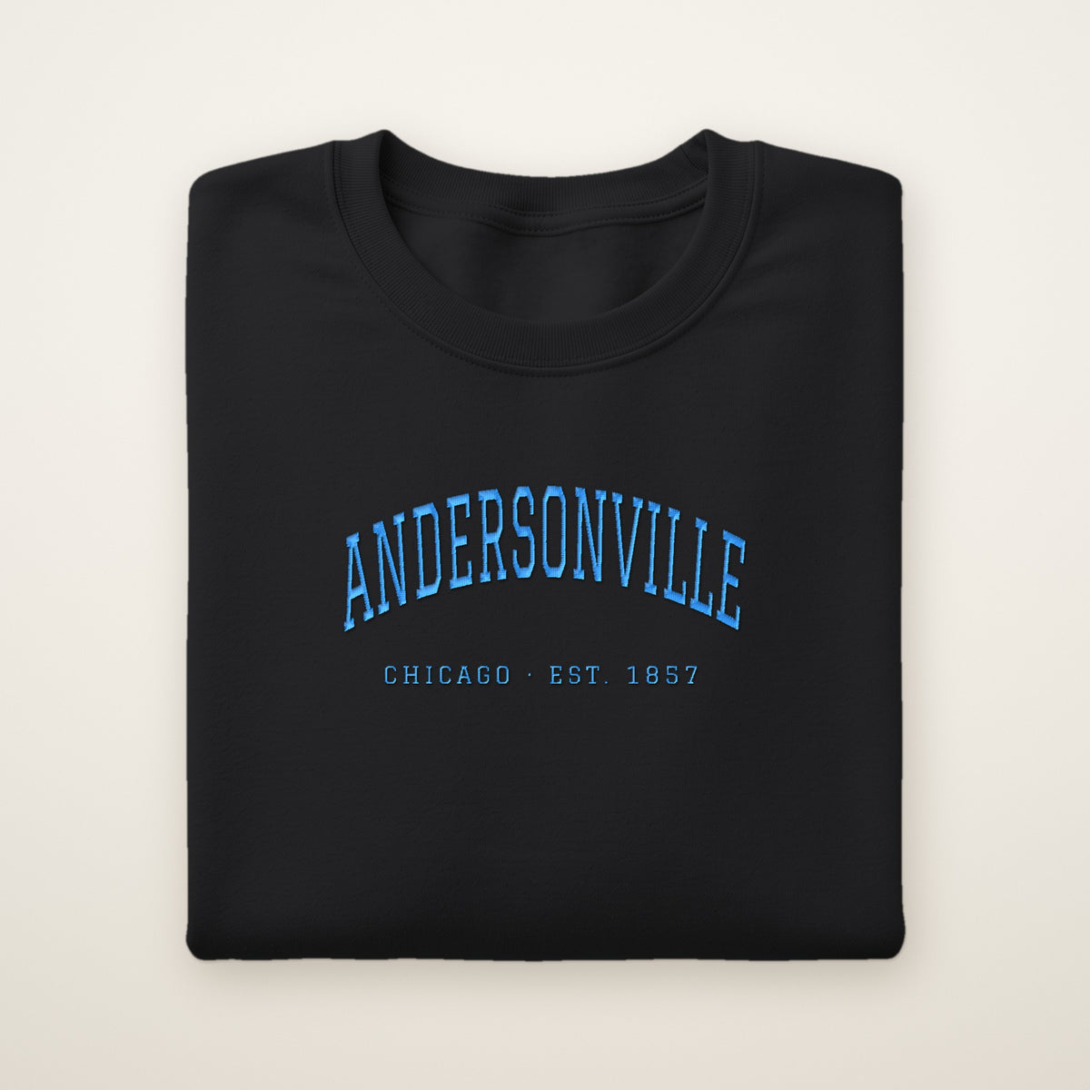 Andersonville Chicago embroidered crewneck sweatshirt, Black, sky blue embroidery