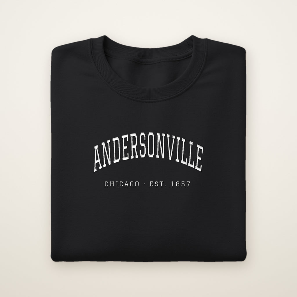 Andersonville Chicago embroidered crewneck sweatshirt, Black, white embroidery