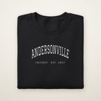 Andersonville Chicago embroidered crewneck sweatshirt, Black, white embroidery