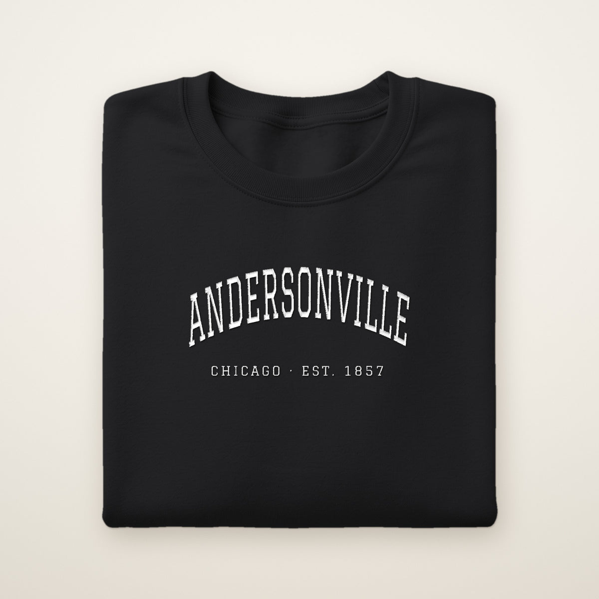 Andersonville Chicago embroidered crewneck sweatshirt, Black, white embroidery