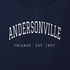 Close-up of white satin-stitch Andersonville embroidery