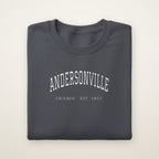 Andersonville Chicago embroidered crewneck sweatshirt, Dark Heather, white embroidery
