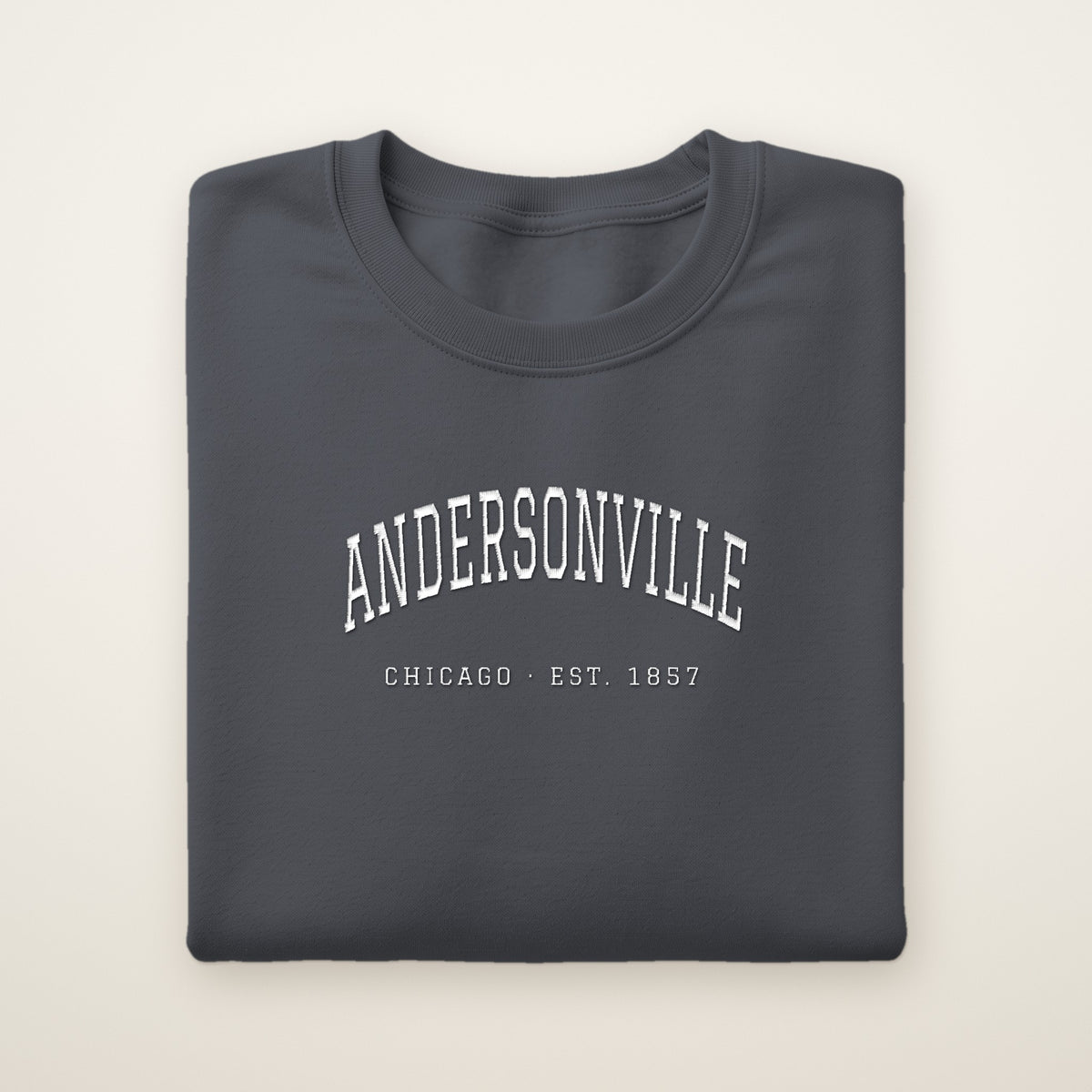 Andersonville Chicago embroidered crewneck sweatshirt, Dark Heather, white embroidery