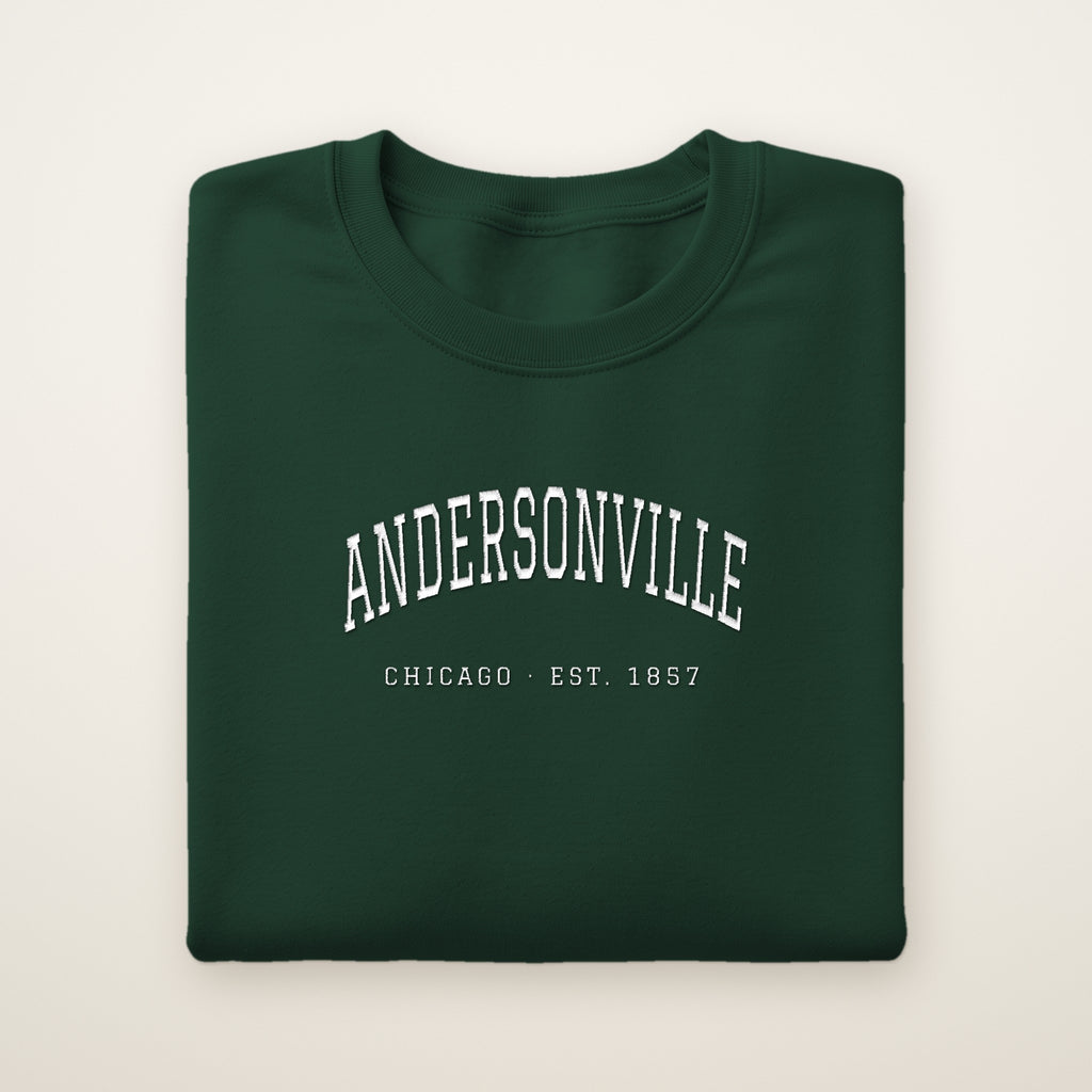 Andersonville Chicago embroidered crewneck sweatshirt, Forest Green, white embroidery