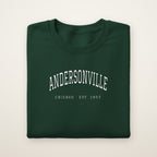 Andersonville Chicago embroidered crewneck sweatshirt, Forest Green, white embroidery