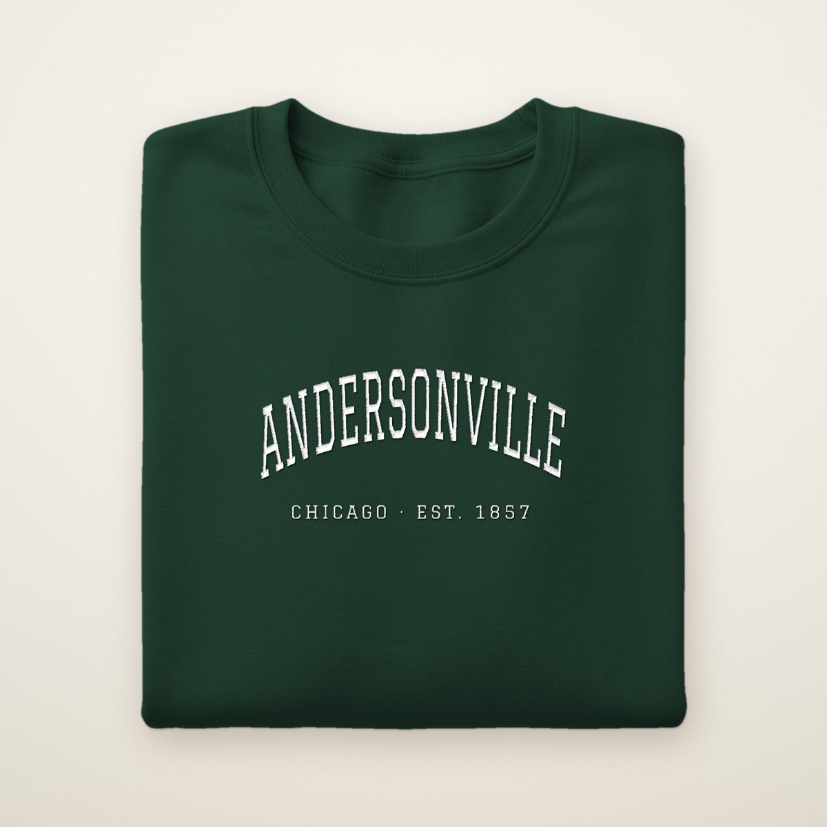 Andersonville Chicago embroidered crewneck sweatshirt, Forest Green, white embroidery