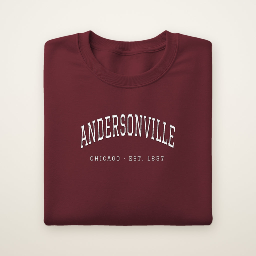 Andersonville Chicago embroidered crewneck sweatshirt, Maroon, white embroidery
