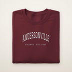 Andersonville Chicago embroidered crewneck sweatshirt, Maroon, white embroidery