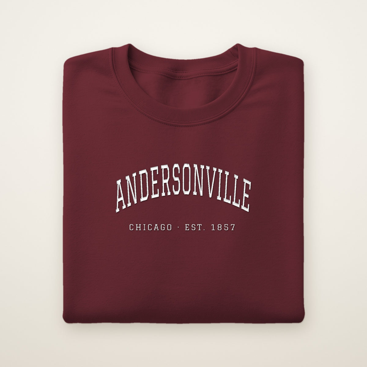 Andersonville Chicago embroidered crewneck sweatshirt, Maroon, white embroidery