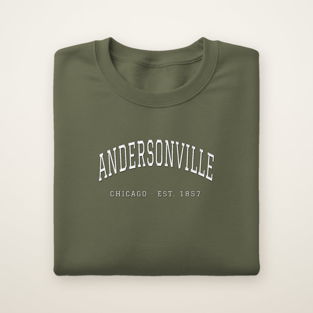 Andersonville Chicago embroidered crewneck sweatshirt, Military Green, white embroidery