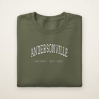 Andersonville Chicago embroidered crewneck sweatshirt, Military Green, white embroidery