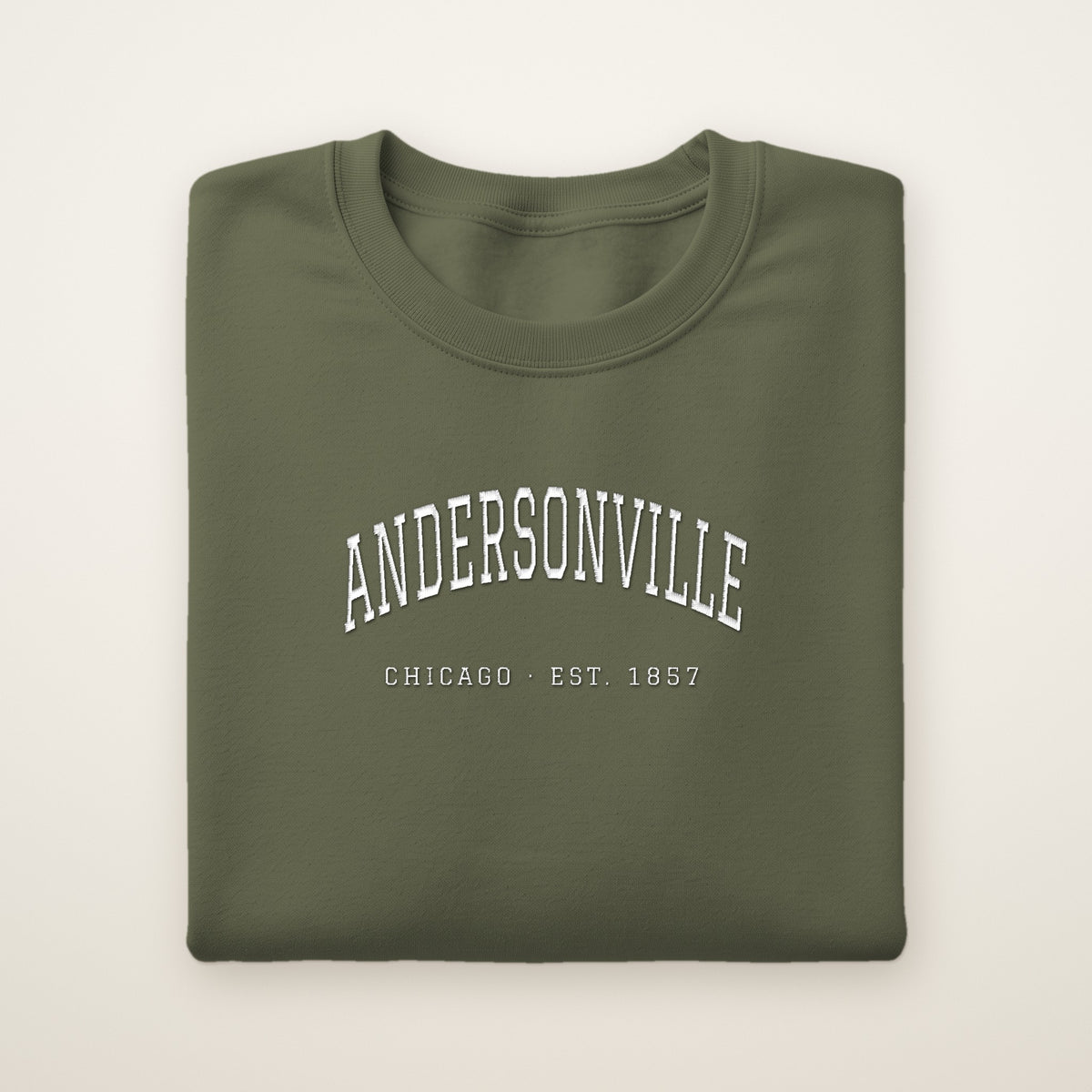 Andersonville Chicago embroidered crewneck sweatshirt, Military Green, white embroidery