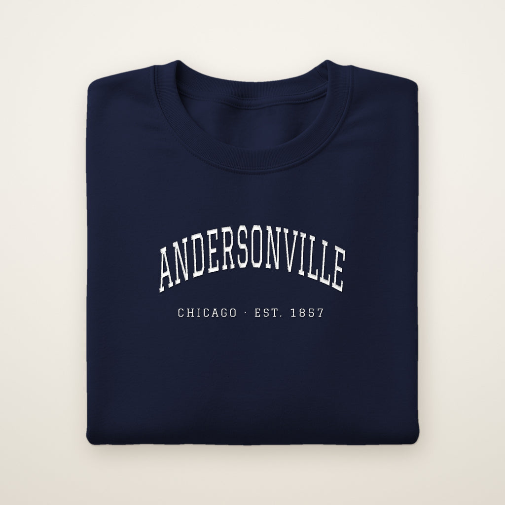 Andersonville Chicago embroidered crewneck sweatshirt, Navy, white embroidery