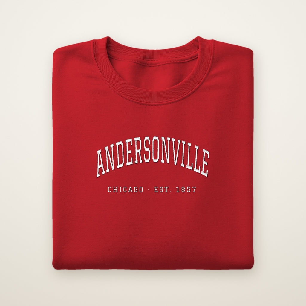 Andersonville Chicago embroidered crewneck sweatshirt, Red, white embroidery