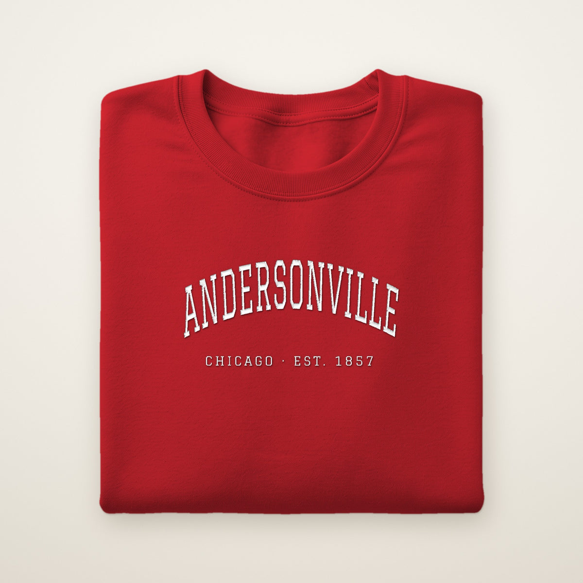 Andersonville Chicago embroidered crewneck sweatshirt, Red, white embroidery