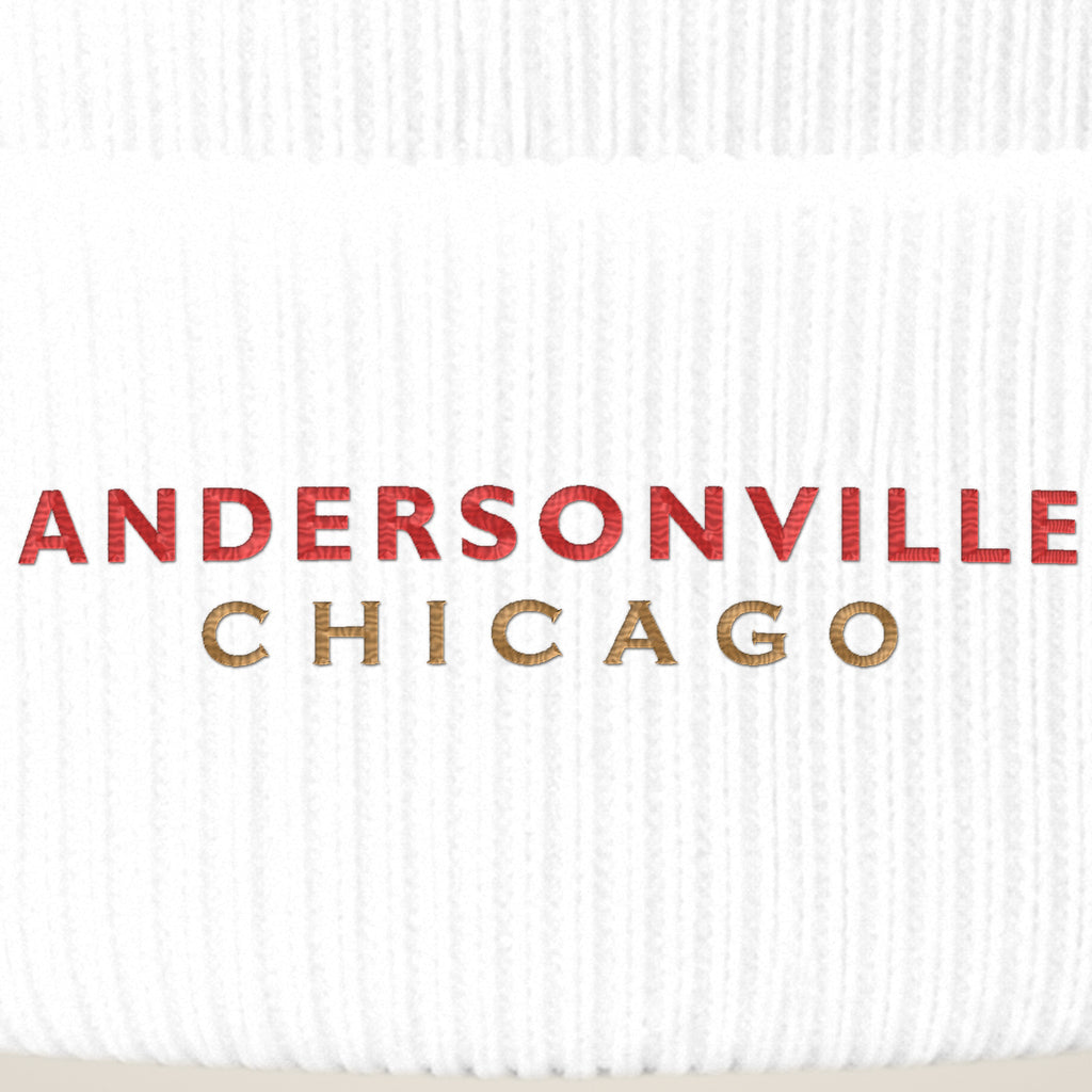 Andersonville Chicago embroidery close-up in red and old gold thread