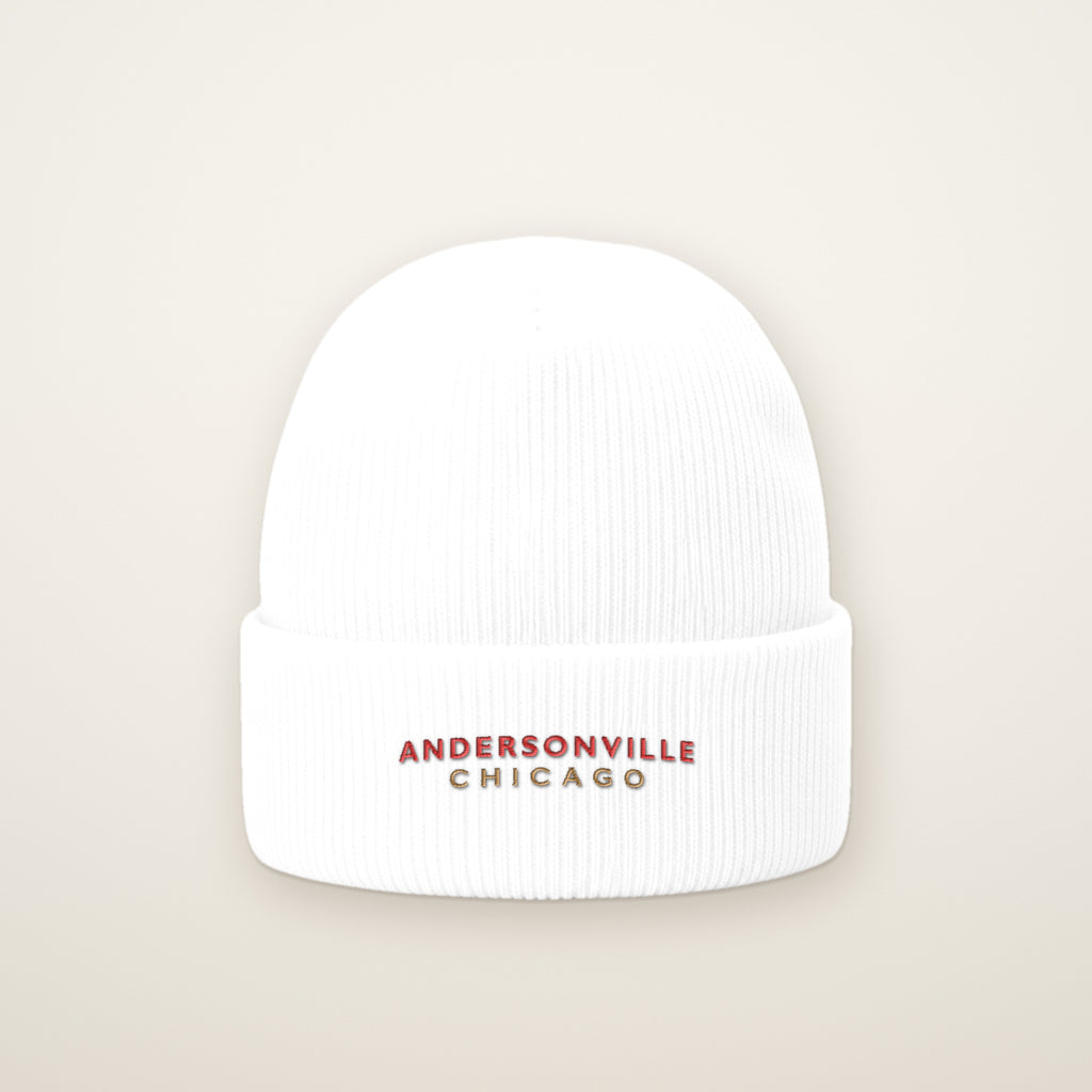 Andersonville Chicago Embroidered Cuffed Beanie, Red Thread, front view