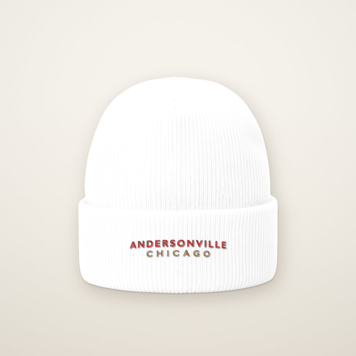 Andersonville Chicago Embroidered Cuffed Beanie, Red Thread, front view