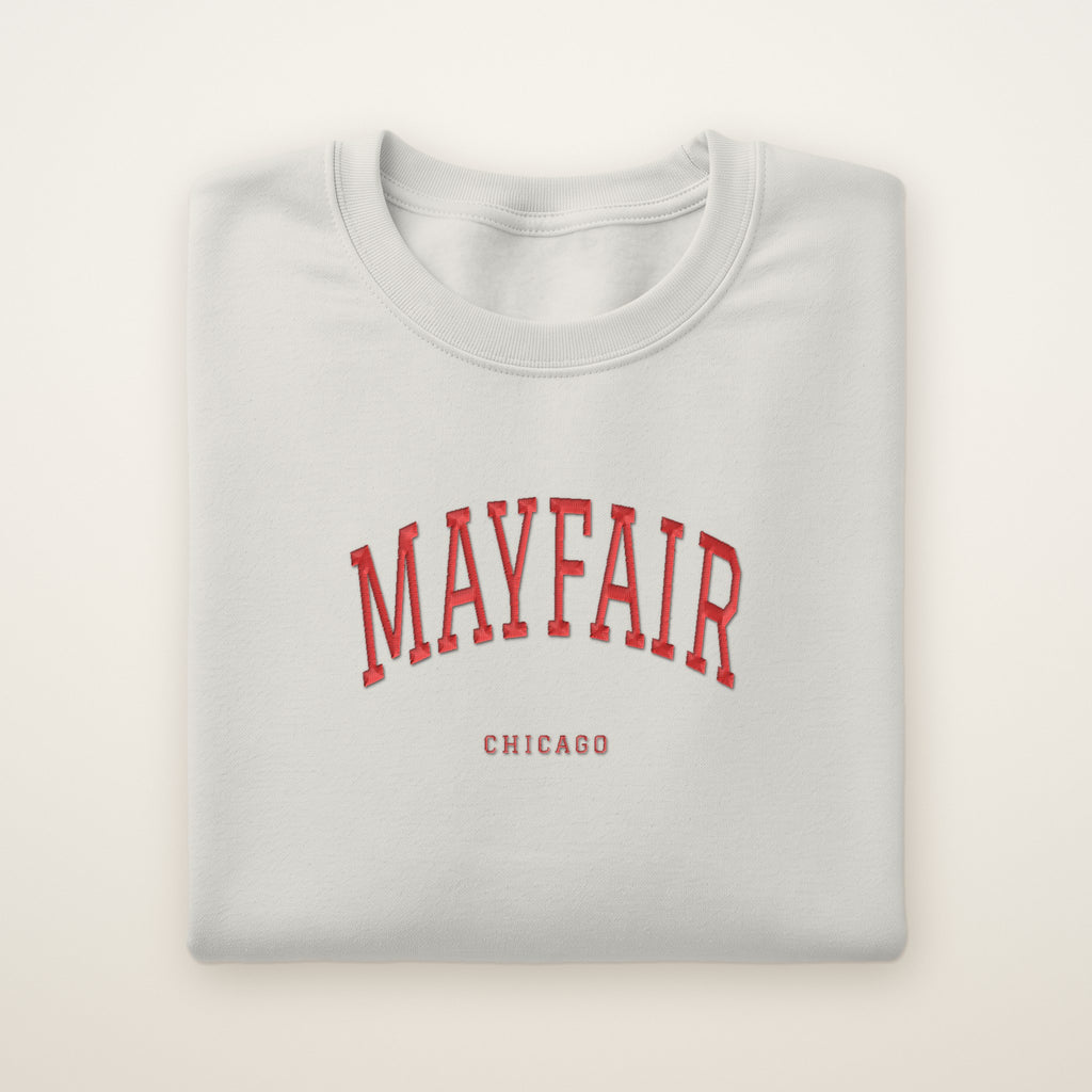 Mayfair Chicago Embroidered Crewneck — Red Thread on Ash