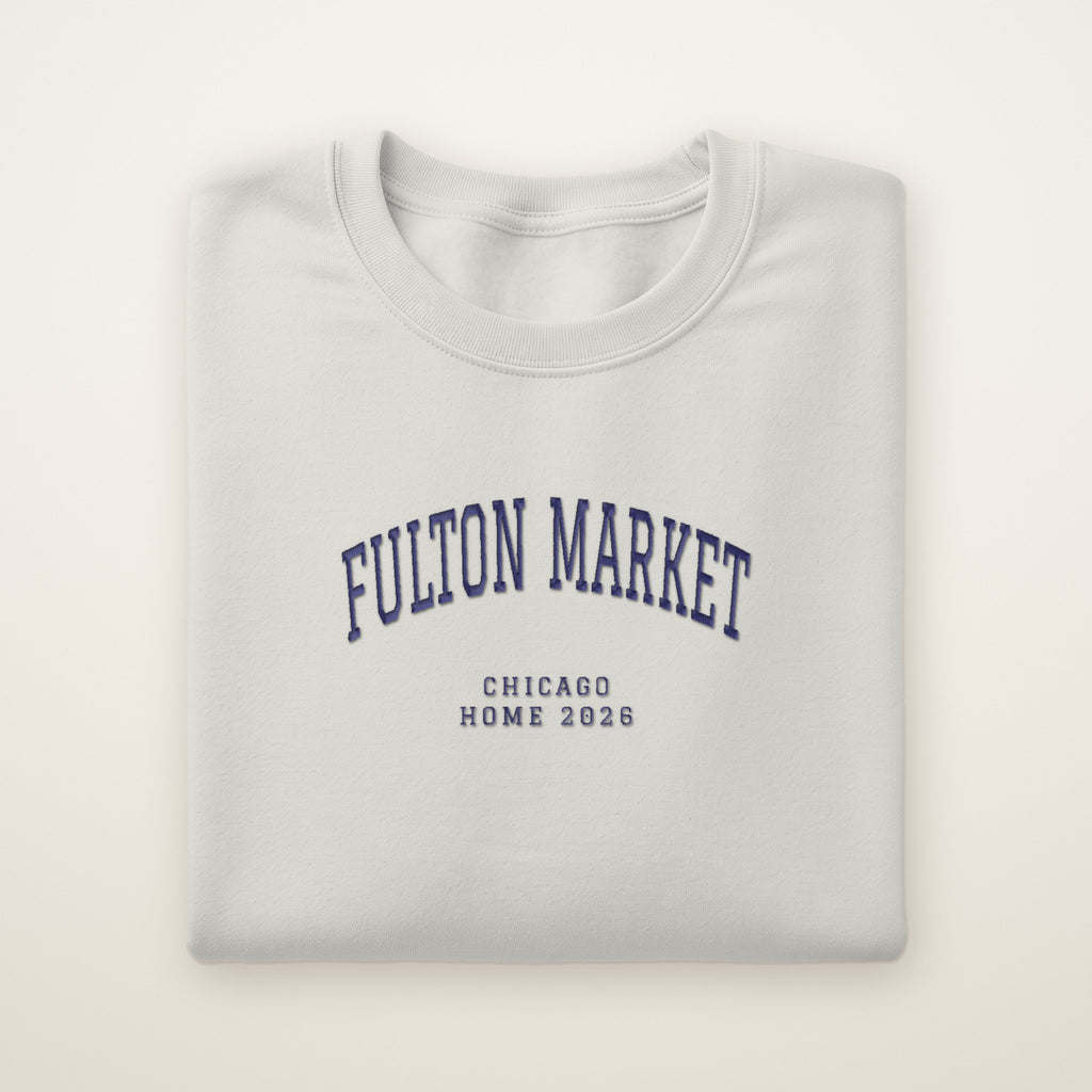 Fulton Market Chicago Home 2026 Embroidered Crewneck — Navy Thread on Ash