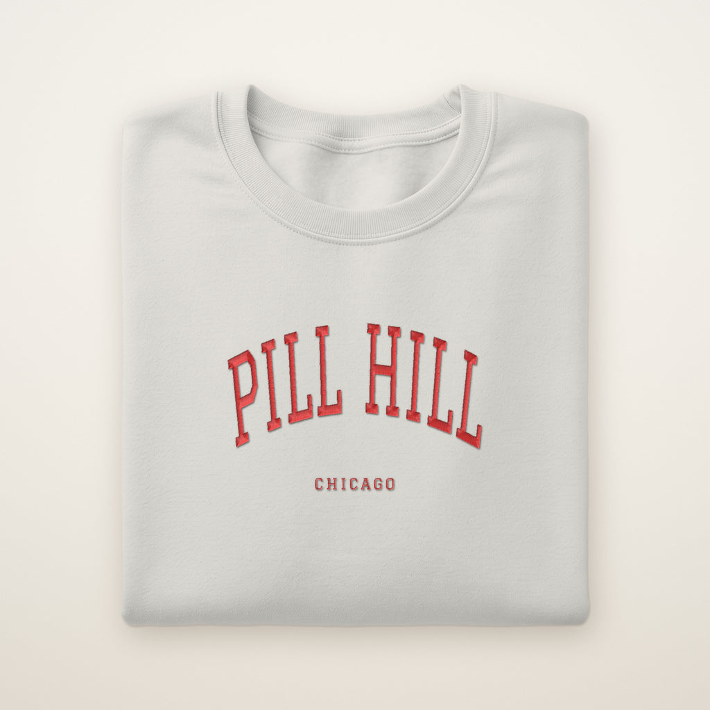 Pill Hill Chicago Embroidered Crewneck — Red Thread on Ash