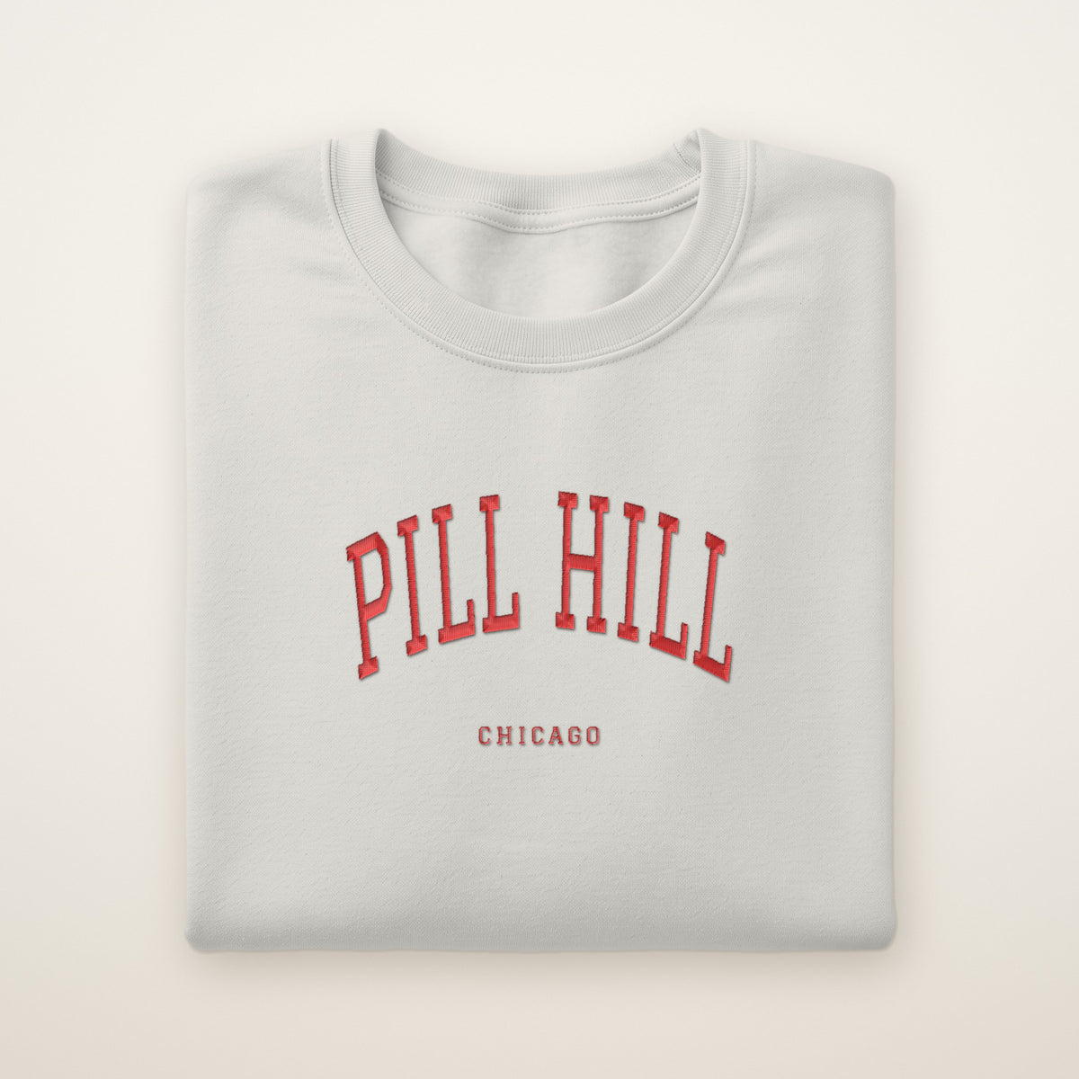 Pill Hill Chicago Embroidered Crewneck — Red Thread on Ash
