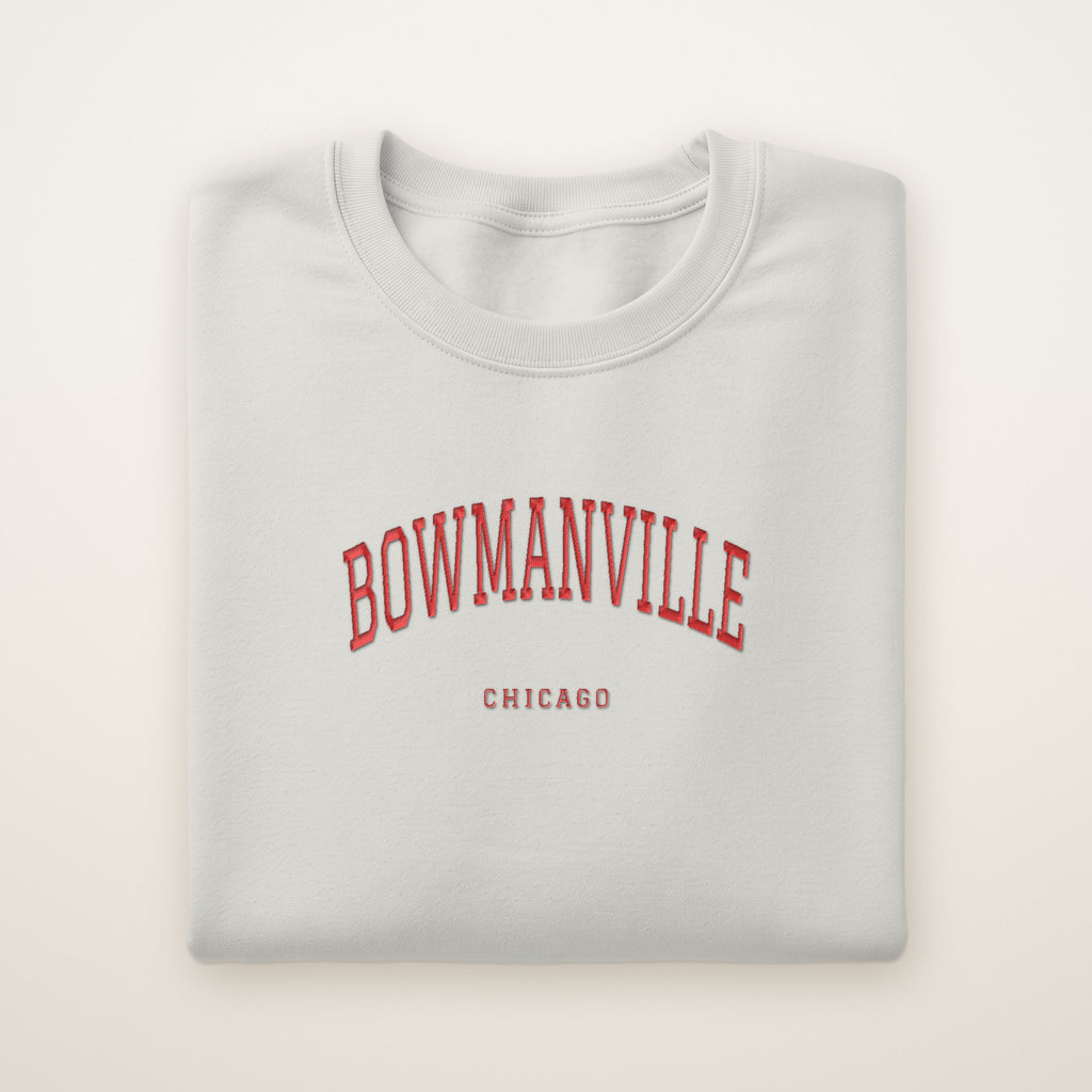 Bowmanville Chicago Embroidered Crewneck — Red Thread on Ash