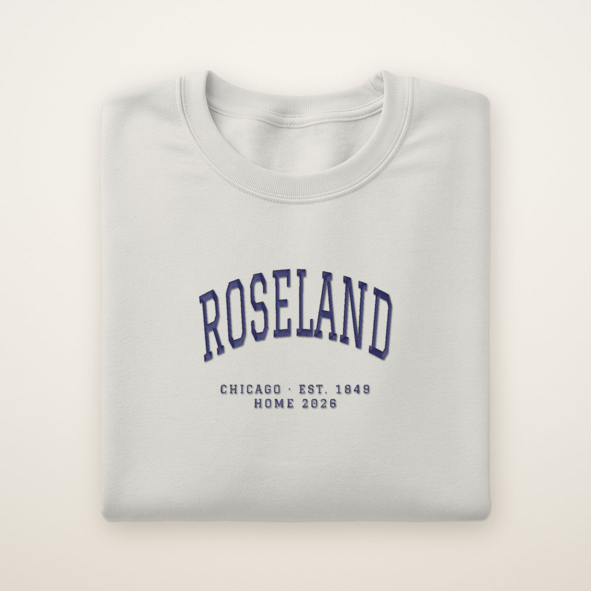Roseland Chicago Home 2026 Embroidered Crewneck — Navy Thread on Ash