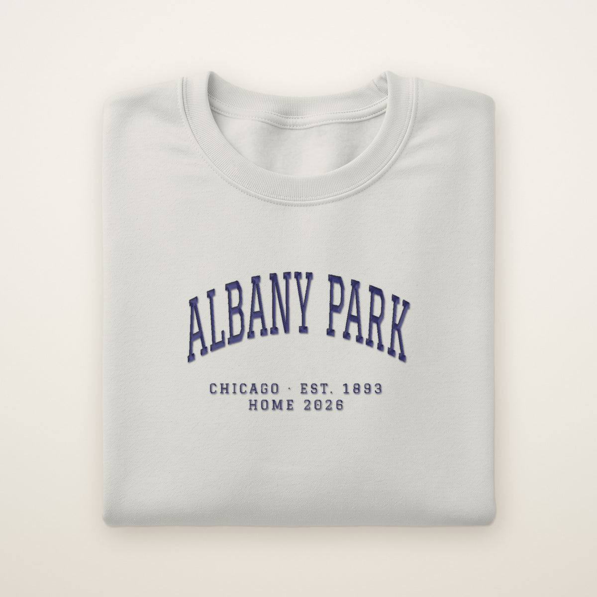 Albany Park Chicago Home 2026 Embroidered Crewneck — Navy Thread on Ash