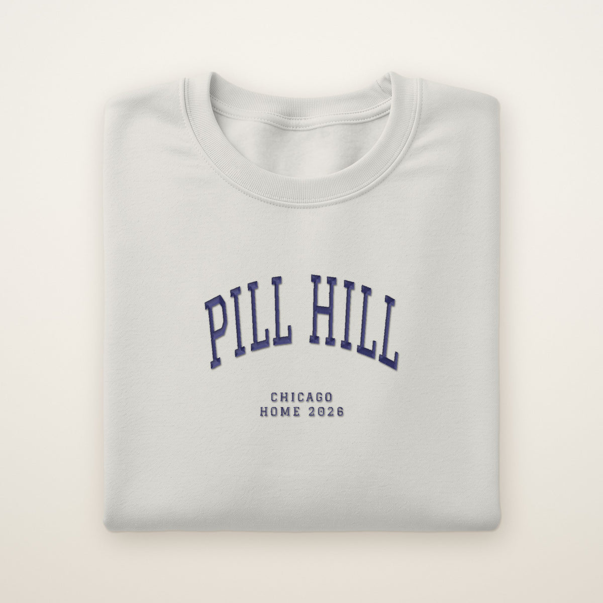 Pill Hill Chicago Home 2026 Embroidered Crewneck — Navy Thread on Ash