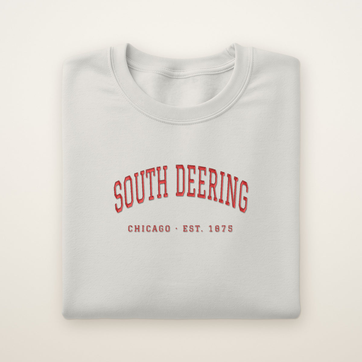 South Deering Chicago Embroidered Crewneck — Red Thread on Ash