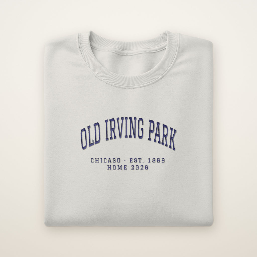 Old Irving Park Chicago Home 2026 Embroidered Crewneck — Navy Thread on Ash