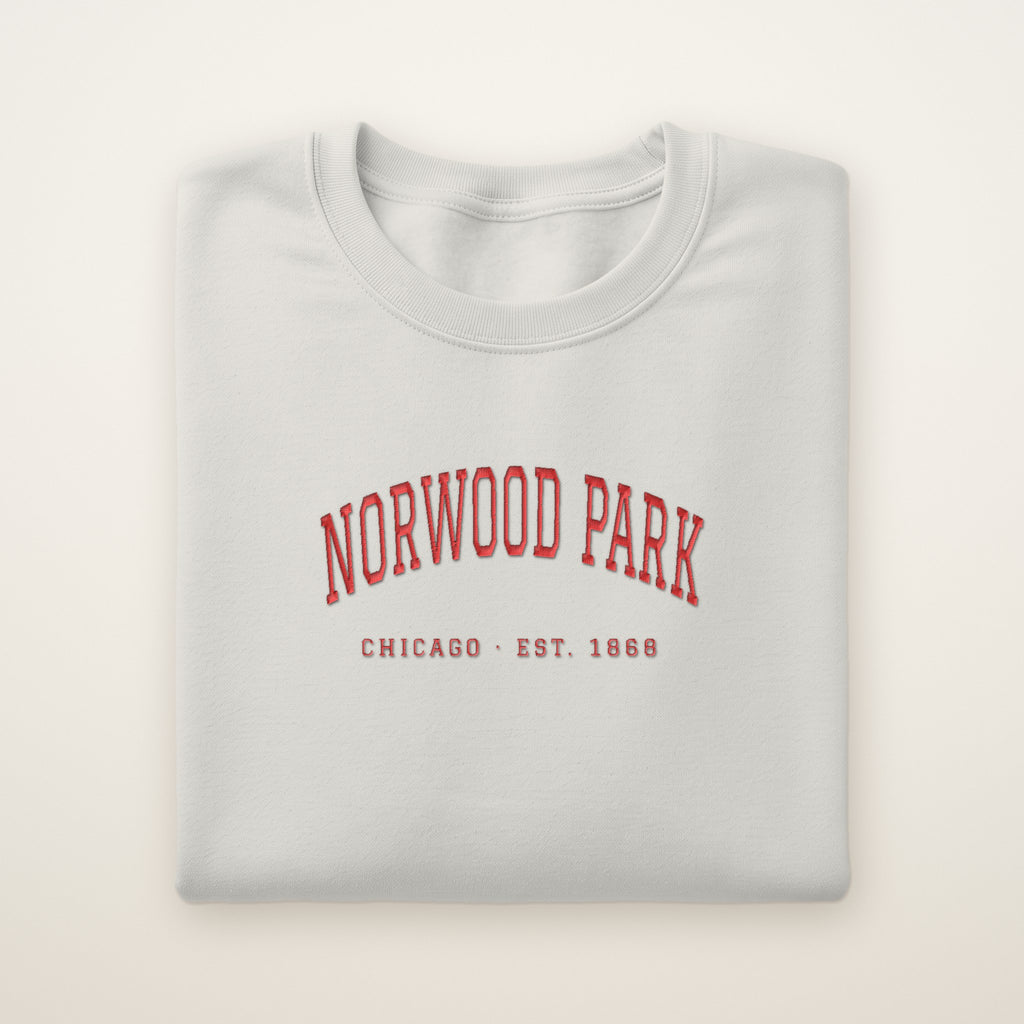 Norwood Park Chicago Embroidered Crewneck — Red Thread on Ash